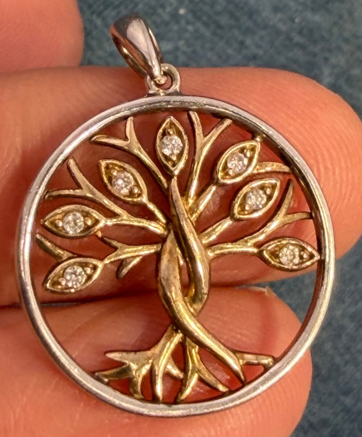 10k Gold + 925 Silver Rooted Tree w Diamond Leaves Circle Pendant