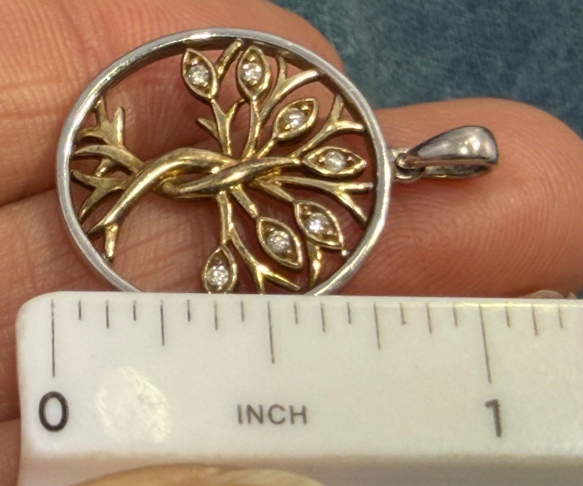 10k Gold + 925 Silver Rooted Tree w Diamond Leaves Circle Pendant