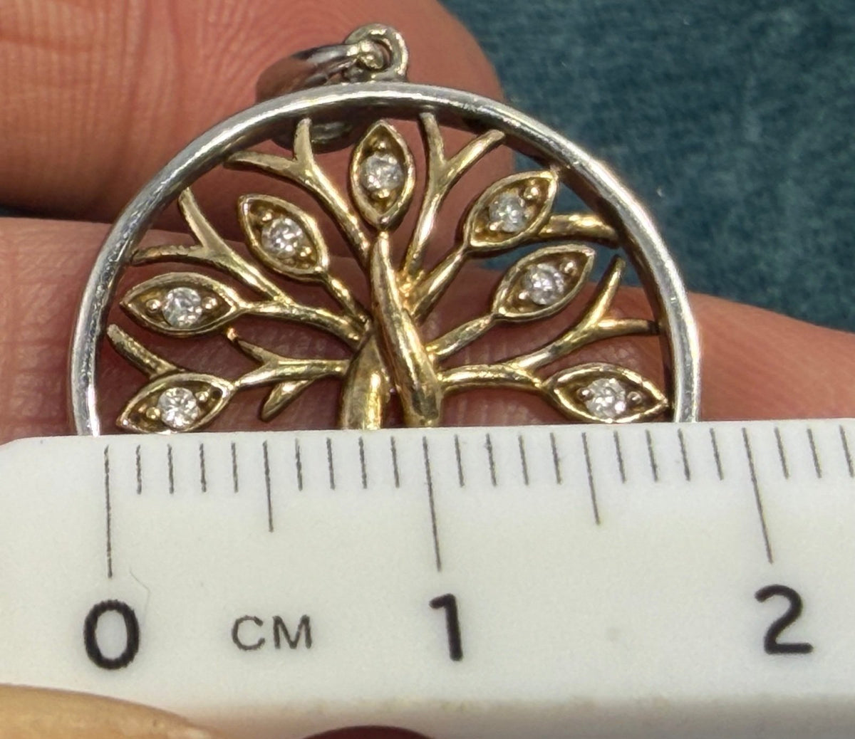 10k Gold + 925 Silver Rooted Tree w Diamond Leaves Circle Pendant