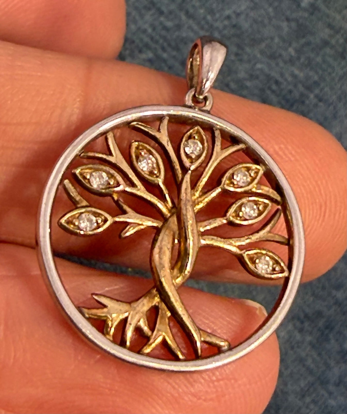 10k Gold + 925 Silver Rooted Tree w Diamond Leaves Circle Pendant