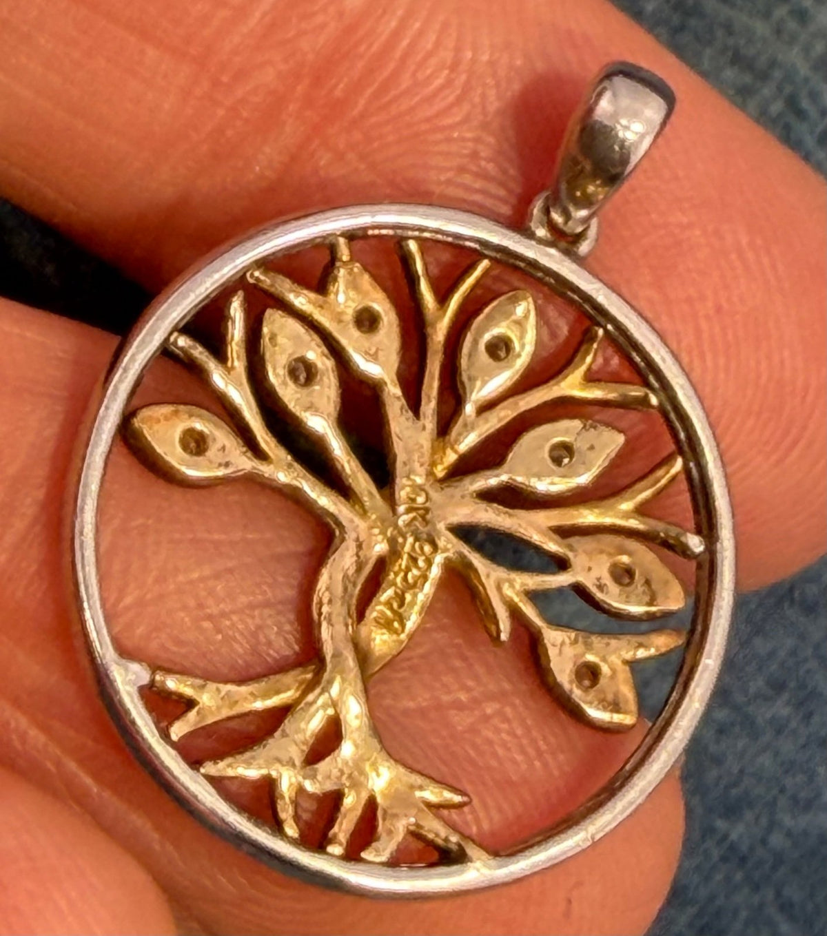 10k Gold + 925 Silver Rooted Tree w Diamond Leaves Circle Pendant