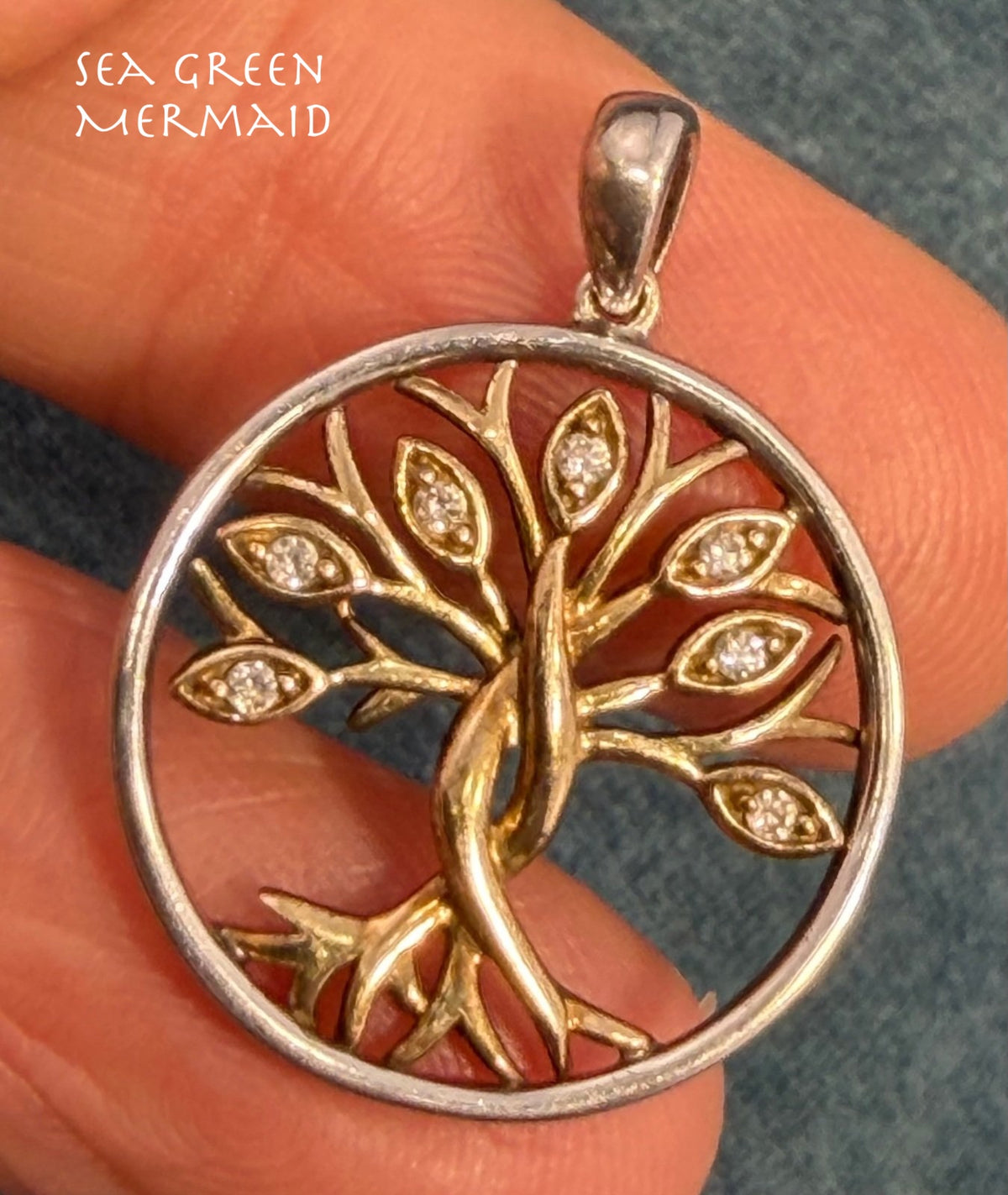 10k Gold + 925 Silver Rooted Tree w Diamond Leaves Circle Pendant