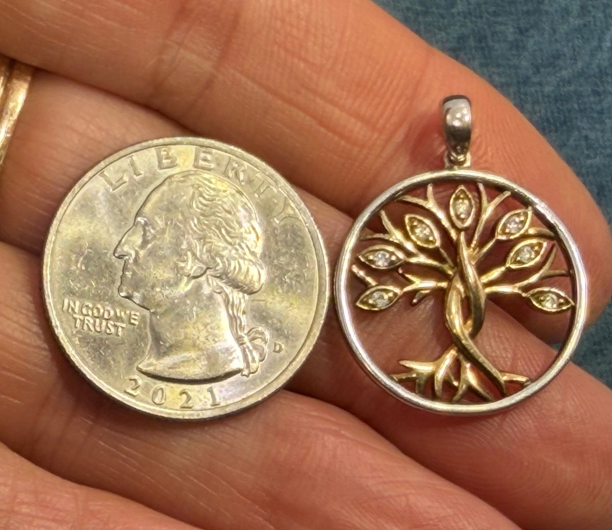 10k Gold + 925 Silver Rooted Tree w Diamond Leaves Circle Pendant