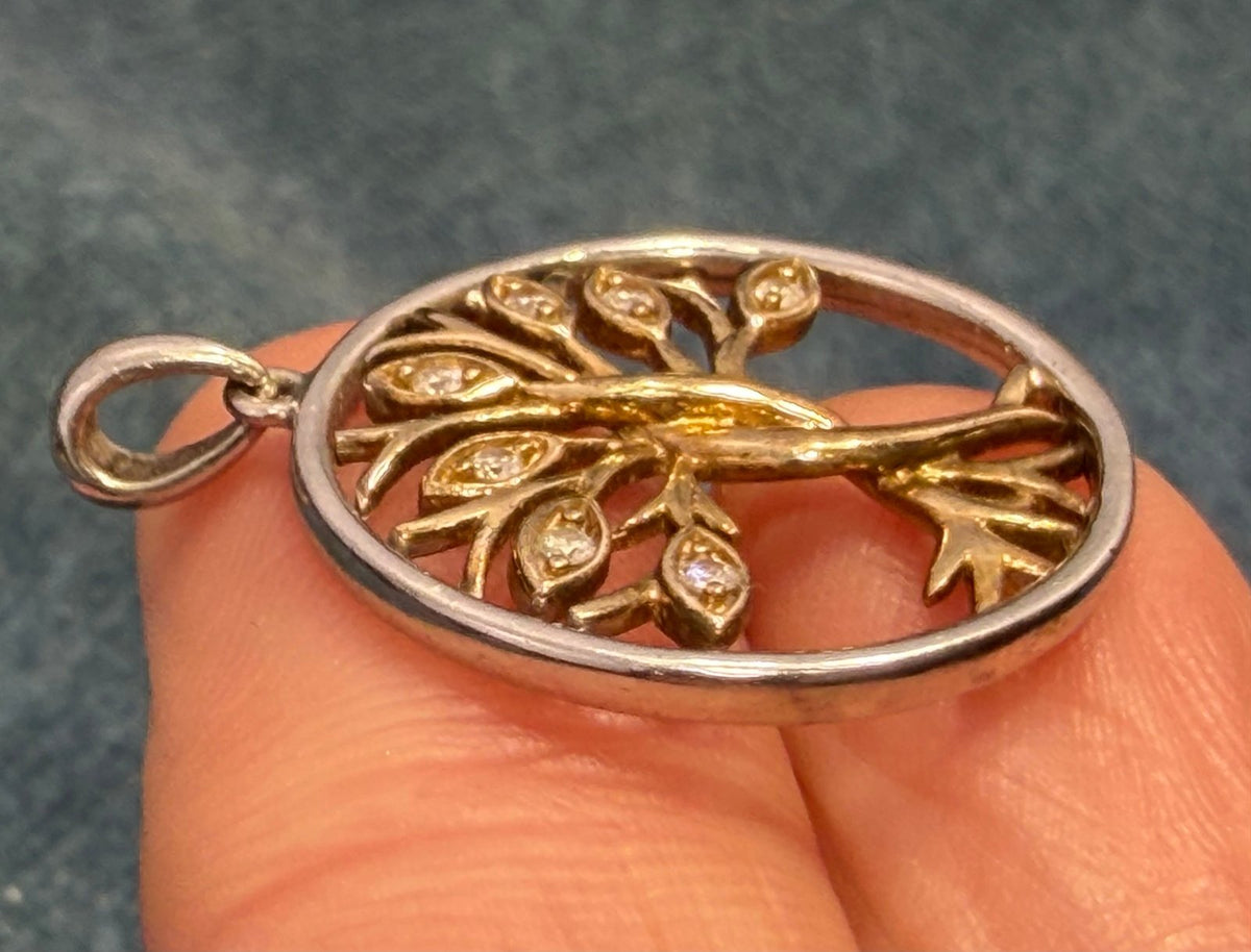 10k Gold + 925 Silver Rooted Tree w Diamond Leaves Circle Pendant