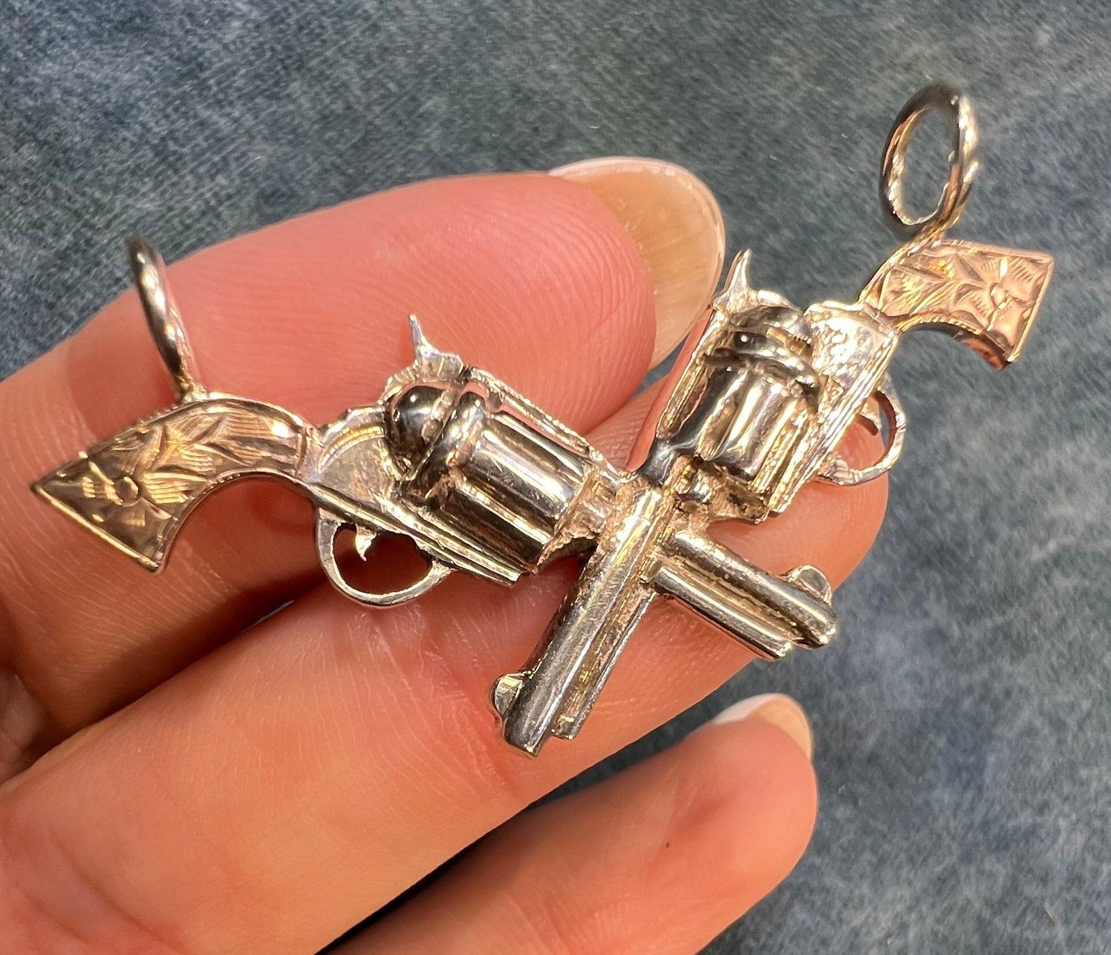 10k Gold + 925 Six Shooter Pistol Cowboy Gun Pendant. 2"