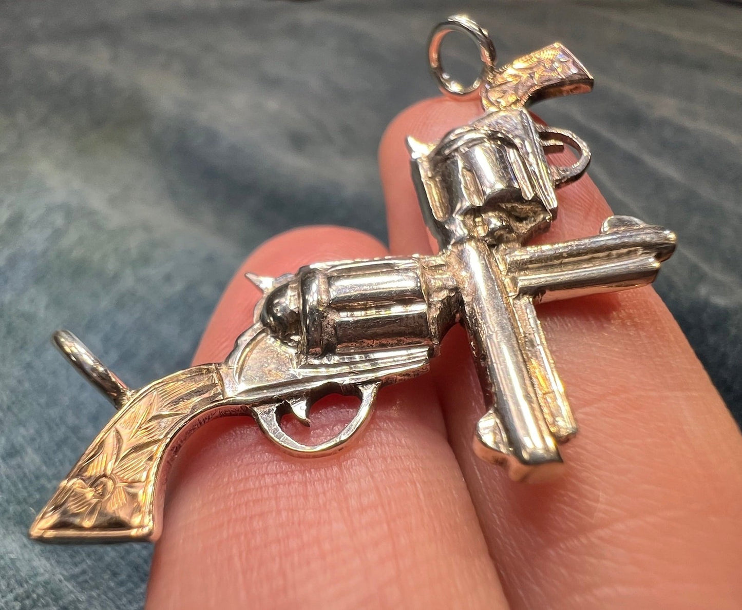 10k Gold + 925 Six Shooter Pistol Cowboy Gun Pendant. 2"