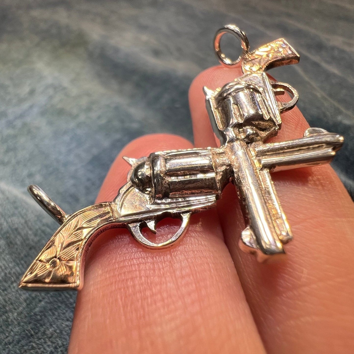 10k Gold + 925 Six Shooter Pistol Cowboy Gun Pendant. 2"