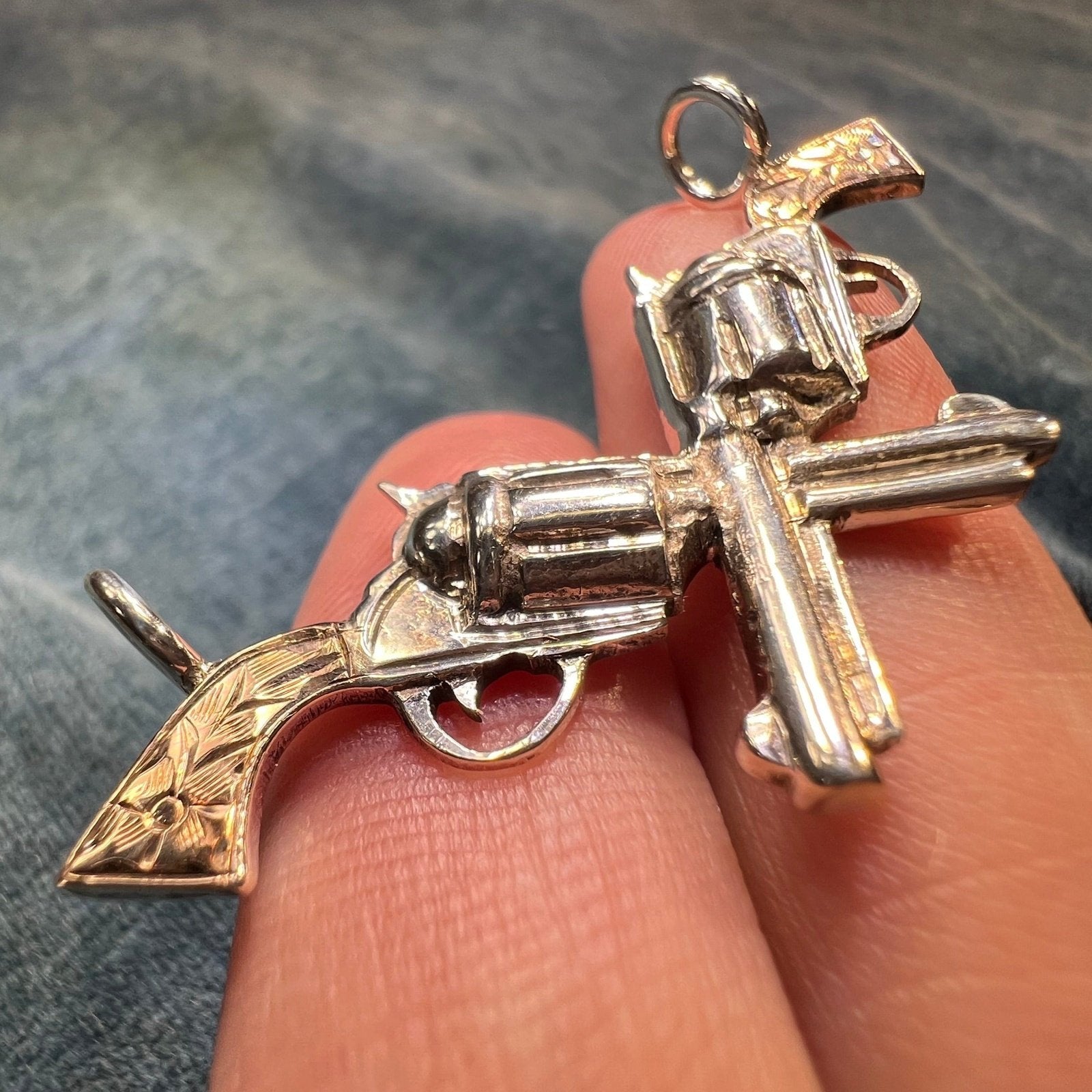 10k Gold + 925 Six Shooter Pistol Cowboy Gun Pendant. 2"