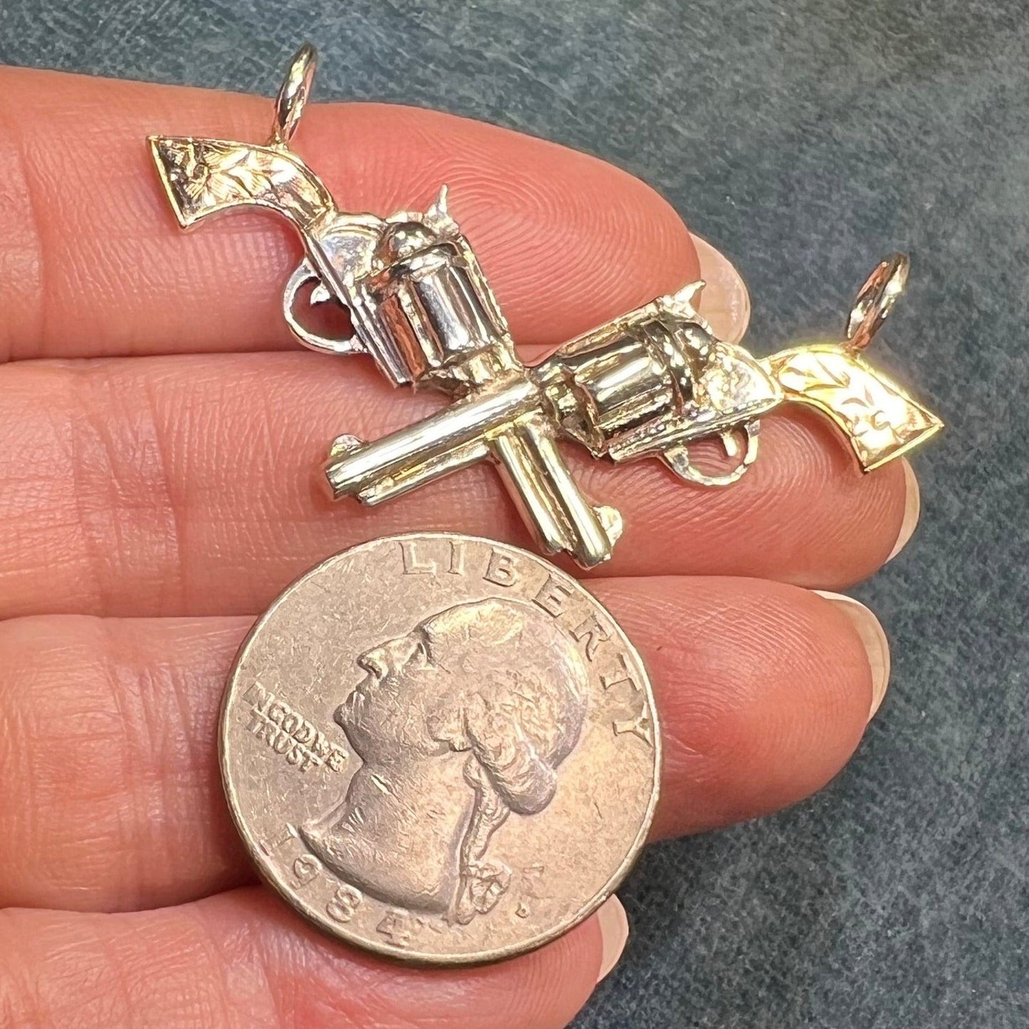 10k Gold + 925 Six Shooter Pistol Cowboy Gun Pendant. 2"