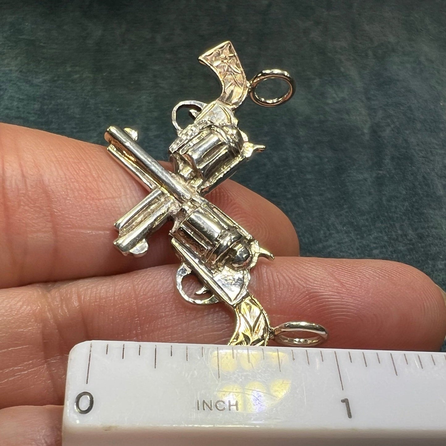 10k Gold + 925 Six Shooter Pistol Cowboy Gun Pendant. 2"