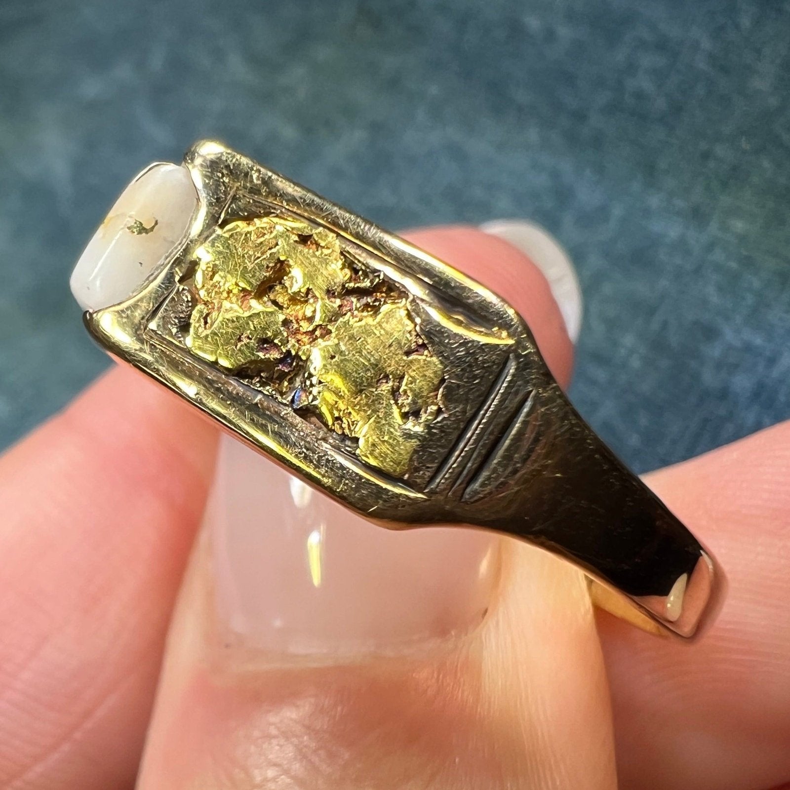 10 good kt gold nugget ring with aquarium stone