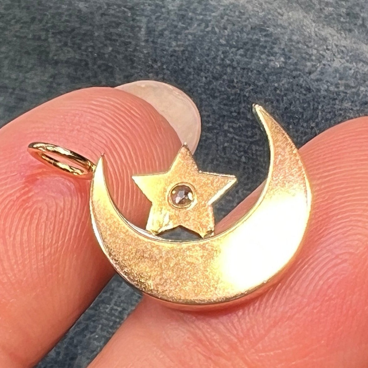 10k Gold Antique Crescent Moon Pendant w Diamond Star *Video*