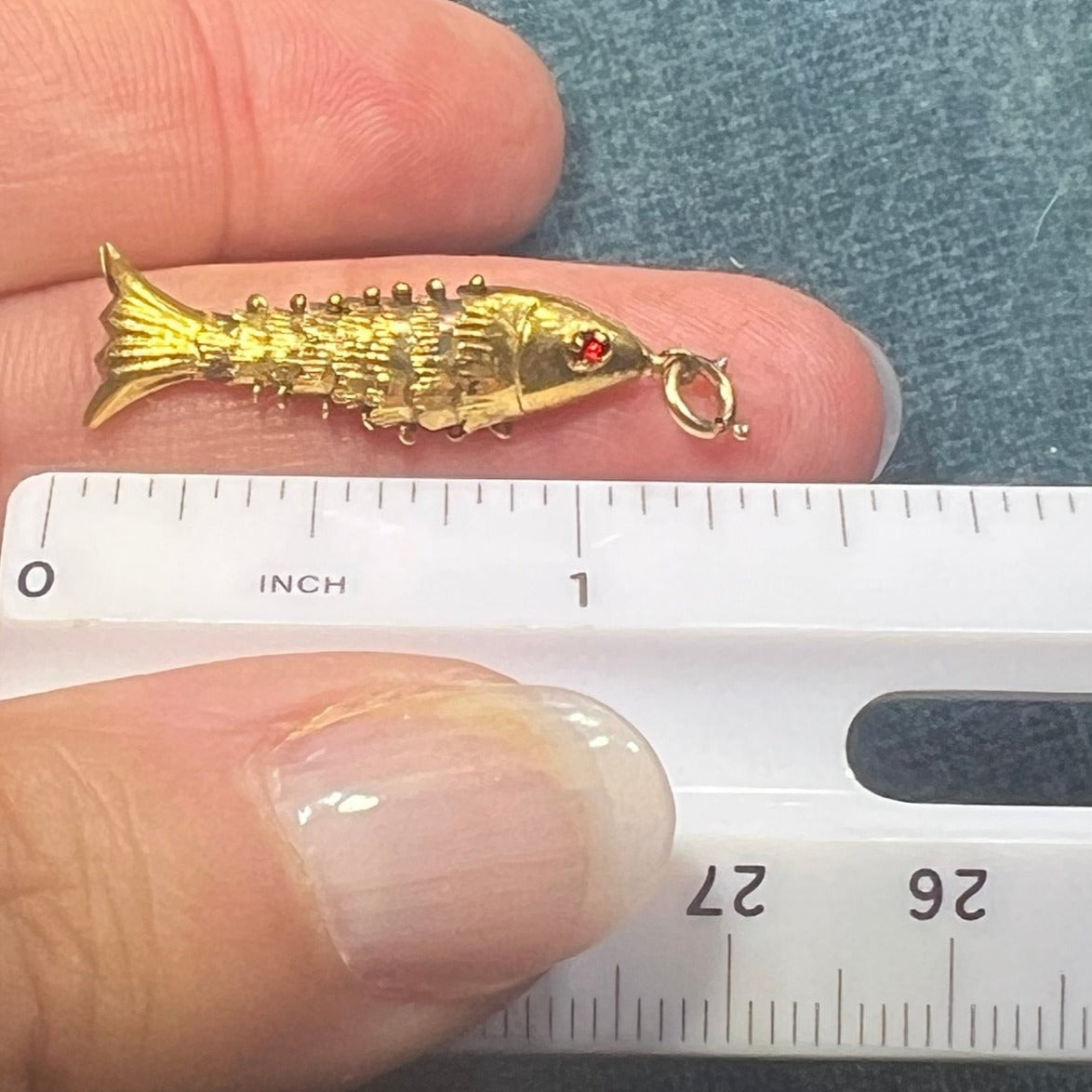 10k Gold Articulated Jointed Wiggly Fish Pendant w Ruby