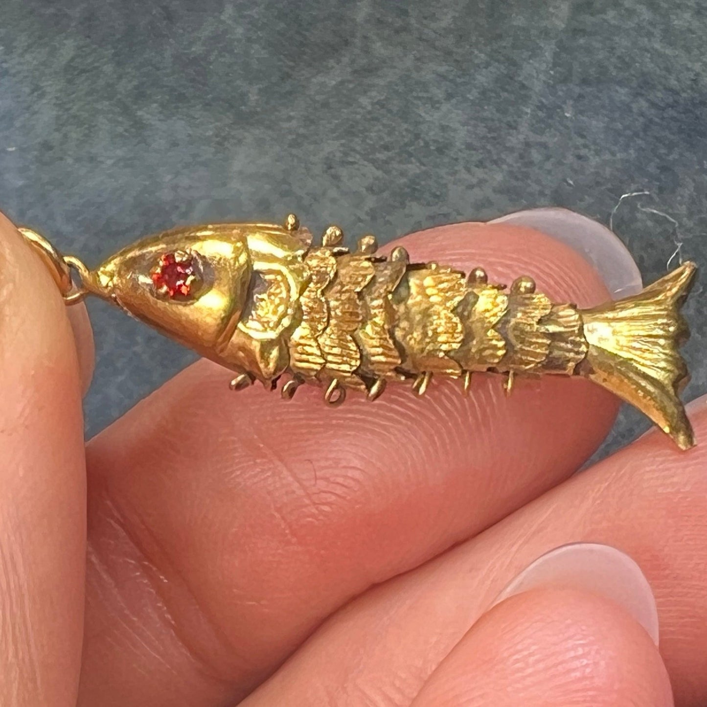 10k Gold Articulated Jointed Wiggly Fish Pendant w Ruby