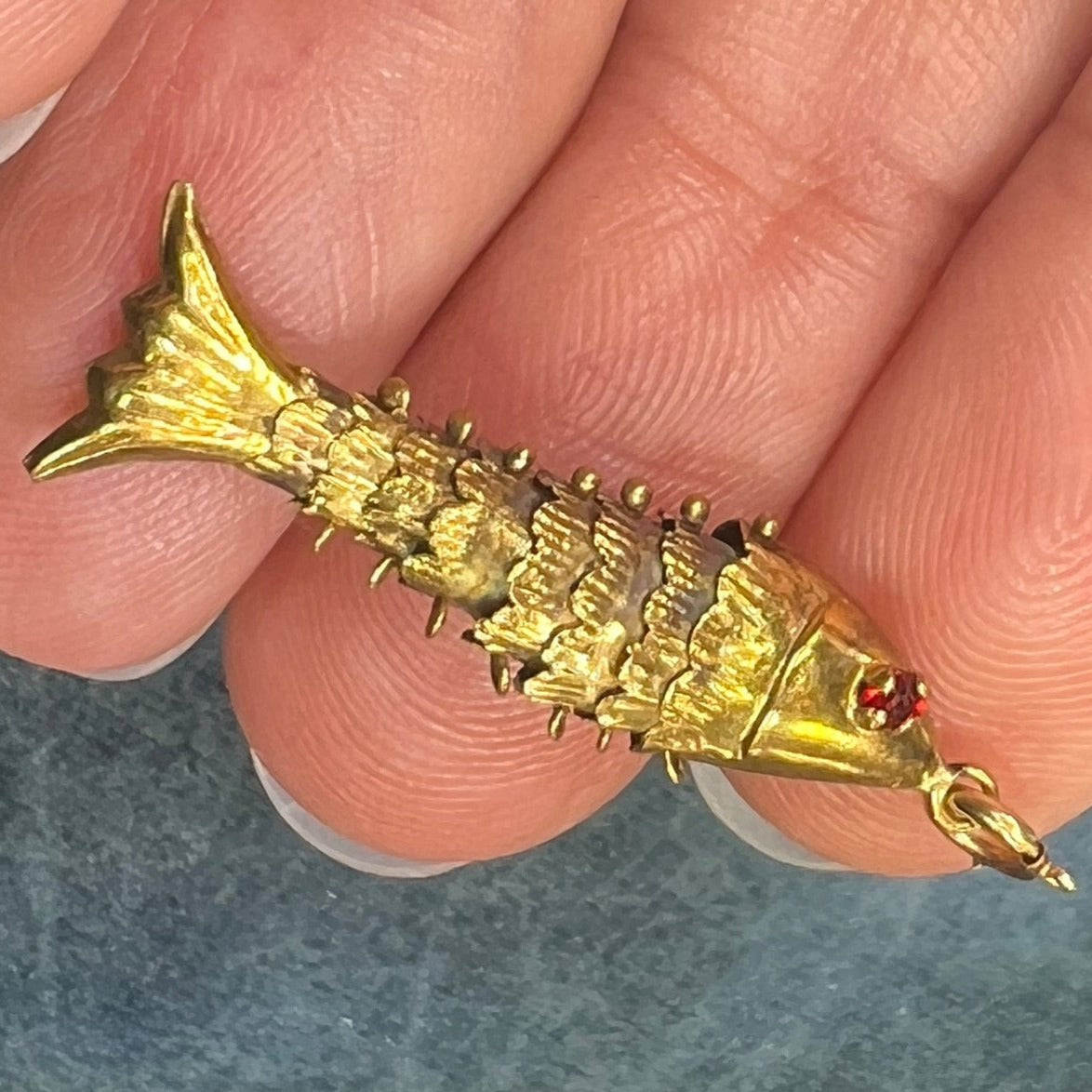 10k Gold Articulated Jointed Wiggly Fish Pendant w Ruby