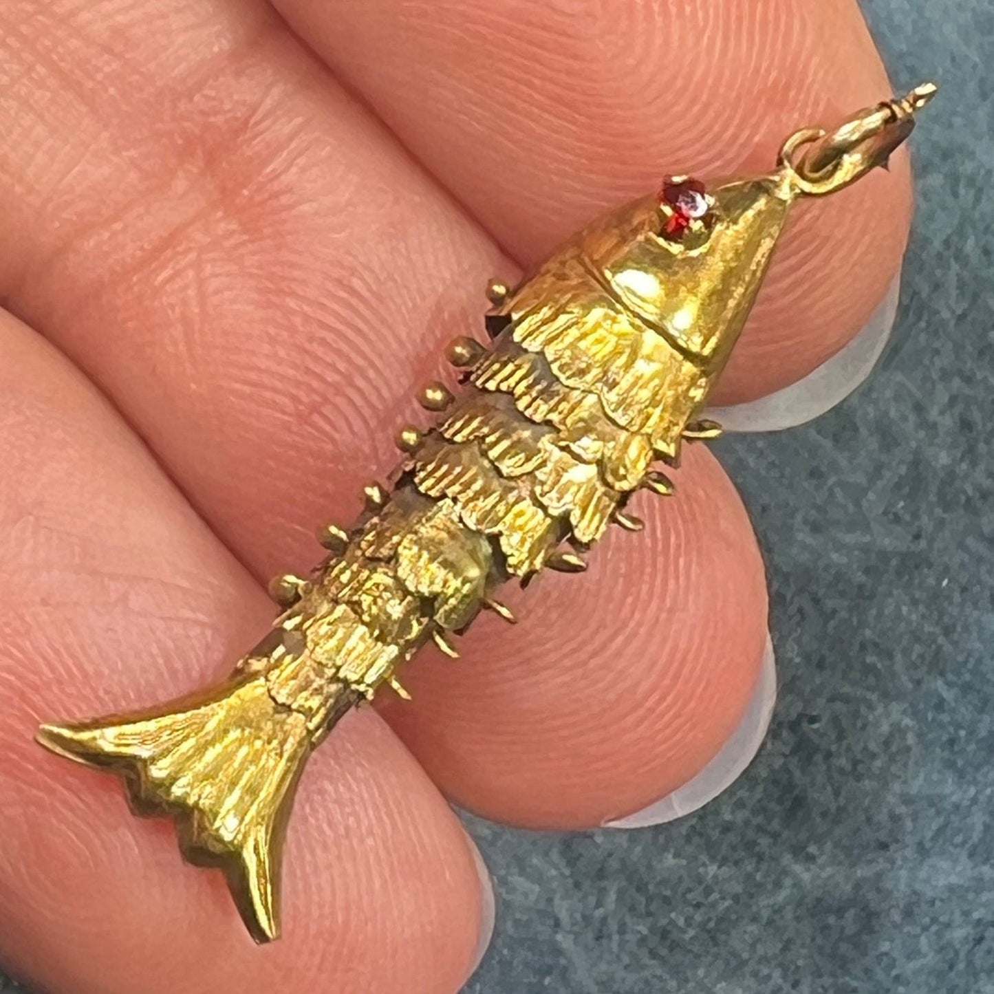 10k Gold Articulated Jointed Wiggly Fish Pendant w Ruby