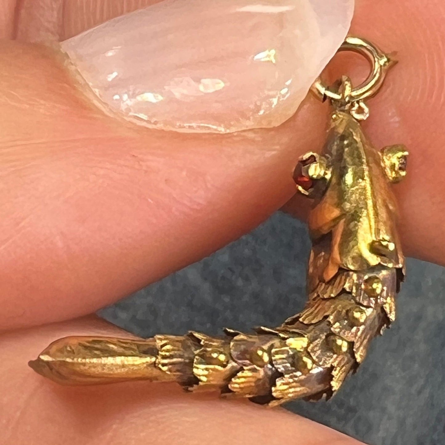 10k Gold Articulated Jointed Wiggly Fish Pendant w Ruby