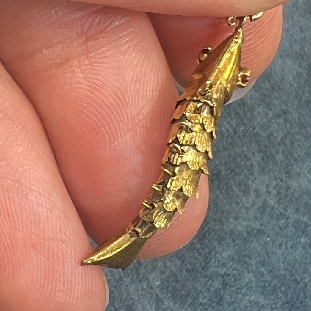 10k Gold Articulated Jointed Wiggly Fish Pendant w Ruby