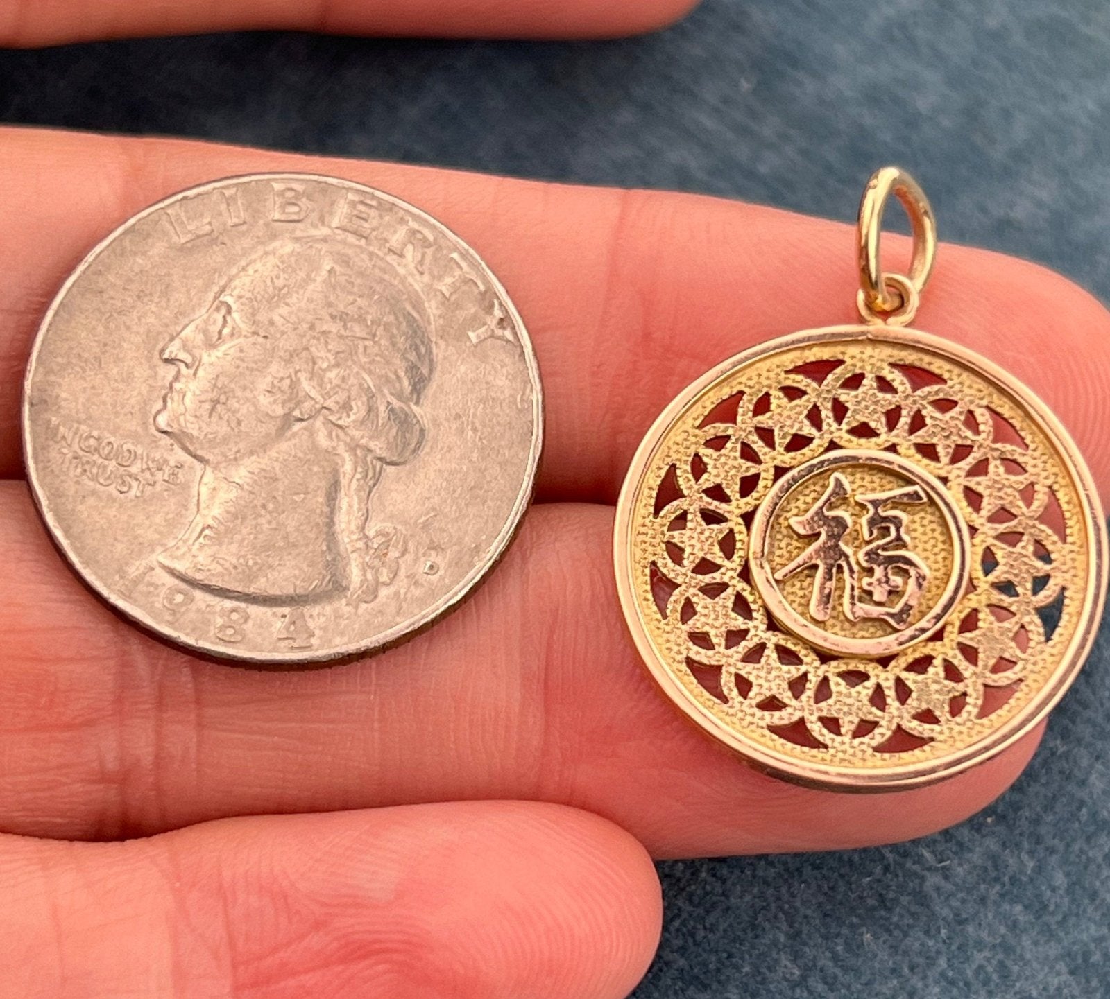 10k Gold Asian Happiness + Long Life Symbol Disk Pendant. Reversible