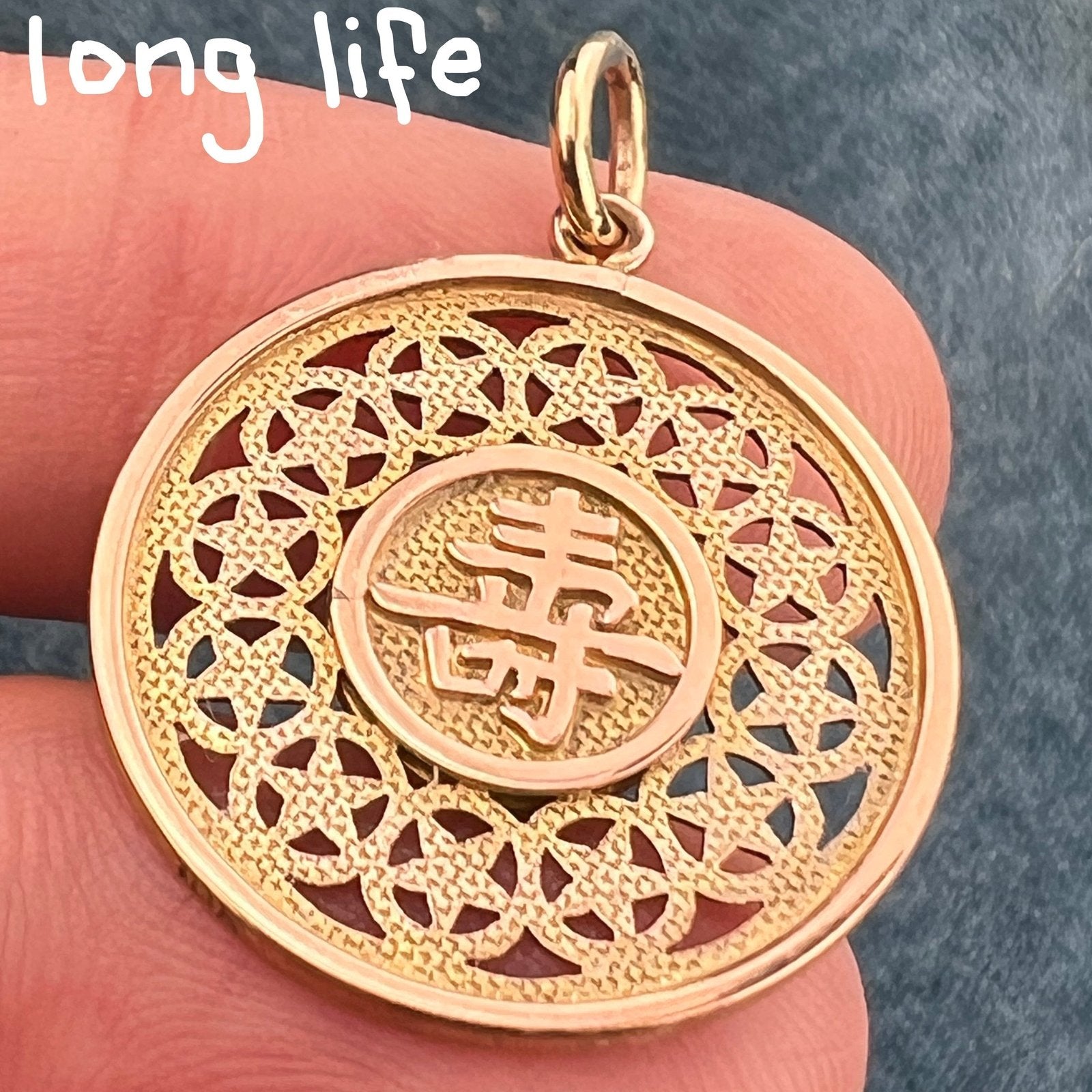 10k Gold Asian Happiness + Long Life Symbol Disk Pendant. Reversible