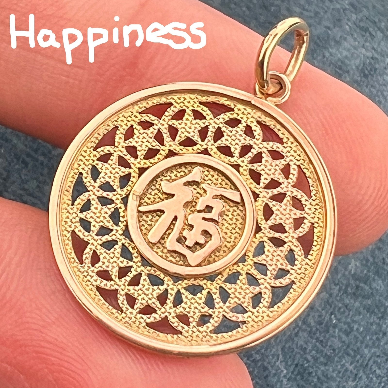 10k Gold Asian Happiness + Long Life Symbol Disk Pendant. Reversible