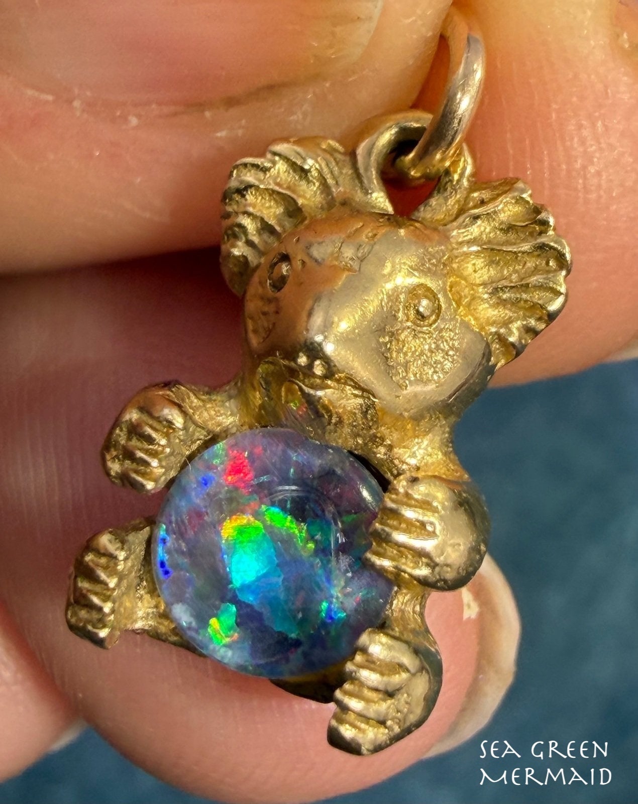 10k Gold Australian Black Opal Triplet KOALA BEAR Pendant *Video*