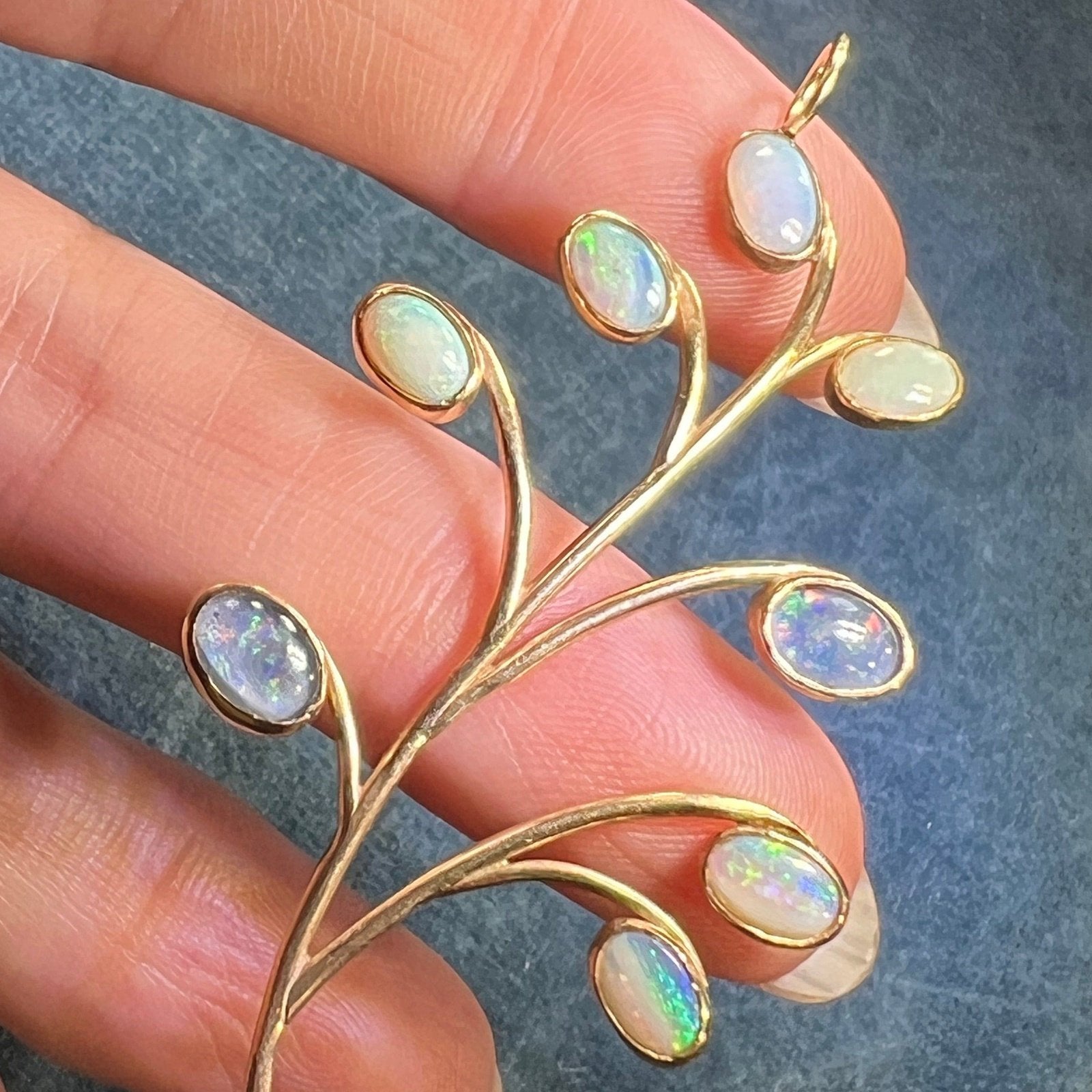 10k Gold Australian Opal Flower Bud Stem Pendant. 2.5" **Video**