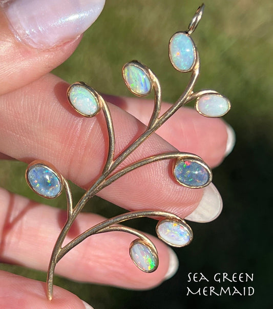 10k Gold Australian Opal Flower Bud Stem Pendant. 2.5" **Video**