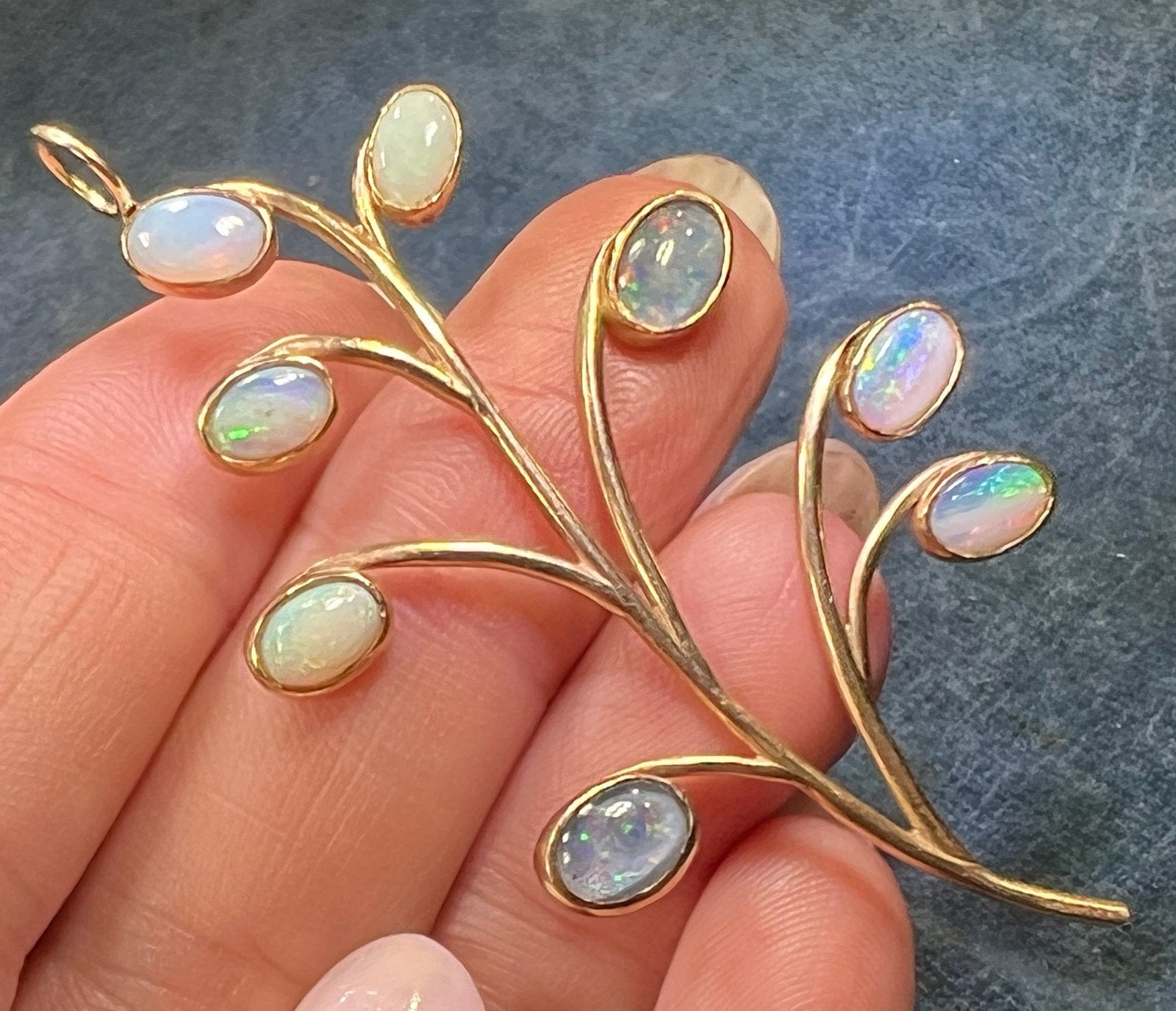 10k Gold Australian Opal Flower Bud Stem Pendant. 2.5" **Video**