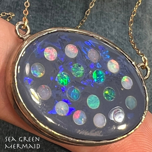 10k Gold Australian Opal + Onyx Polka-Dot Celestial Pendant Necklace *Video*