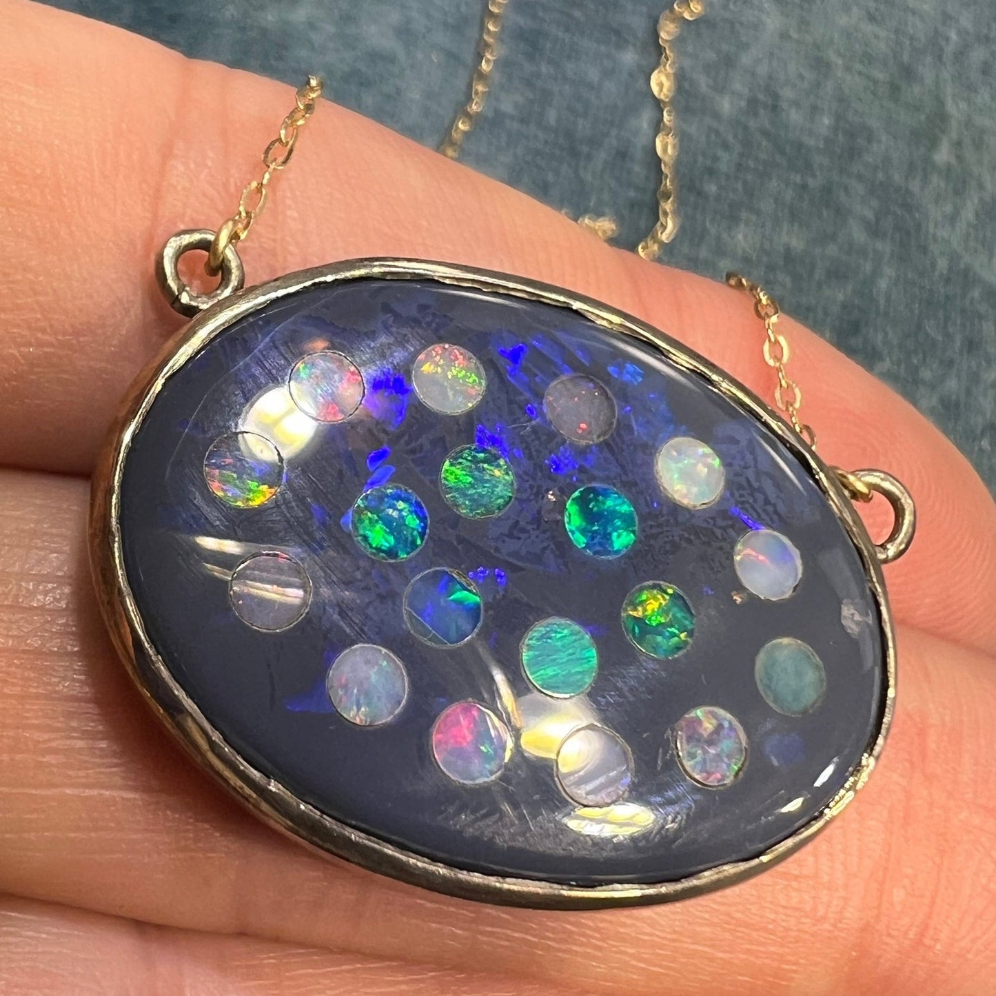 10k Gold Australian Opal + Onyx Polka-Dot Celestial Pendant Necklace *Video*