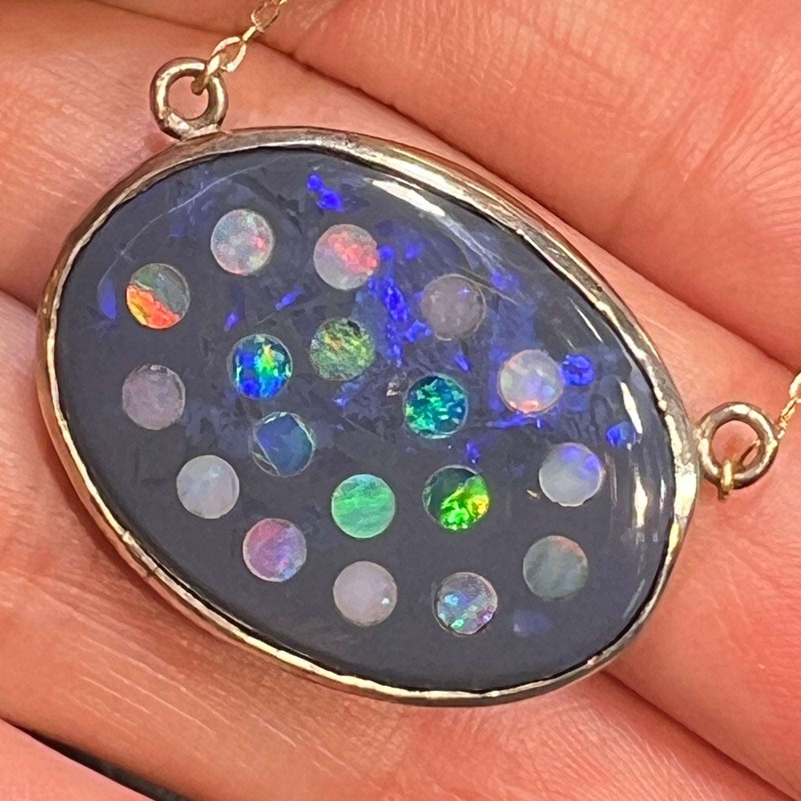 10k Gold Australian Opal + Onyx Polka-Dot Celestial Pendant Necklace *Video*