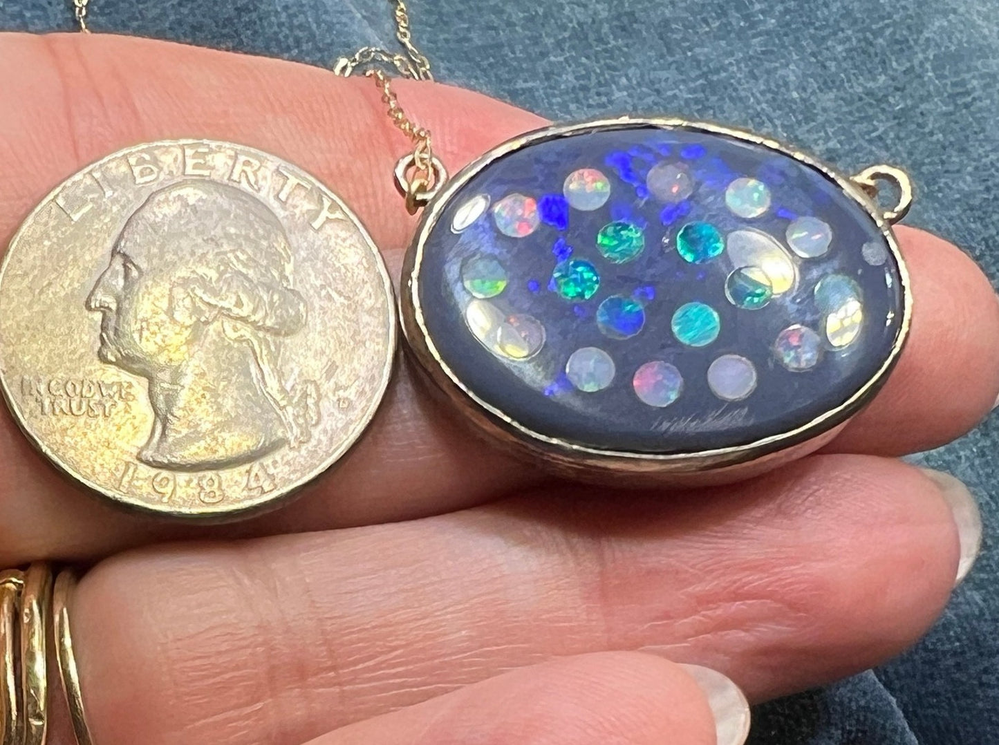 10k Gold Australian Opal + Onyx Polka-Dot Celestial Pendant Necklace *Video*