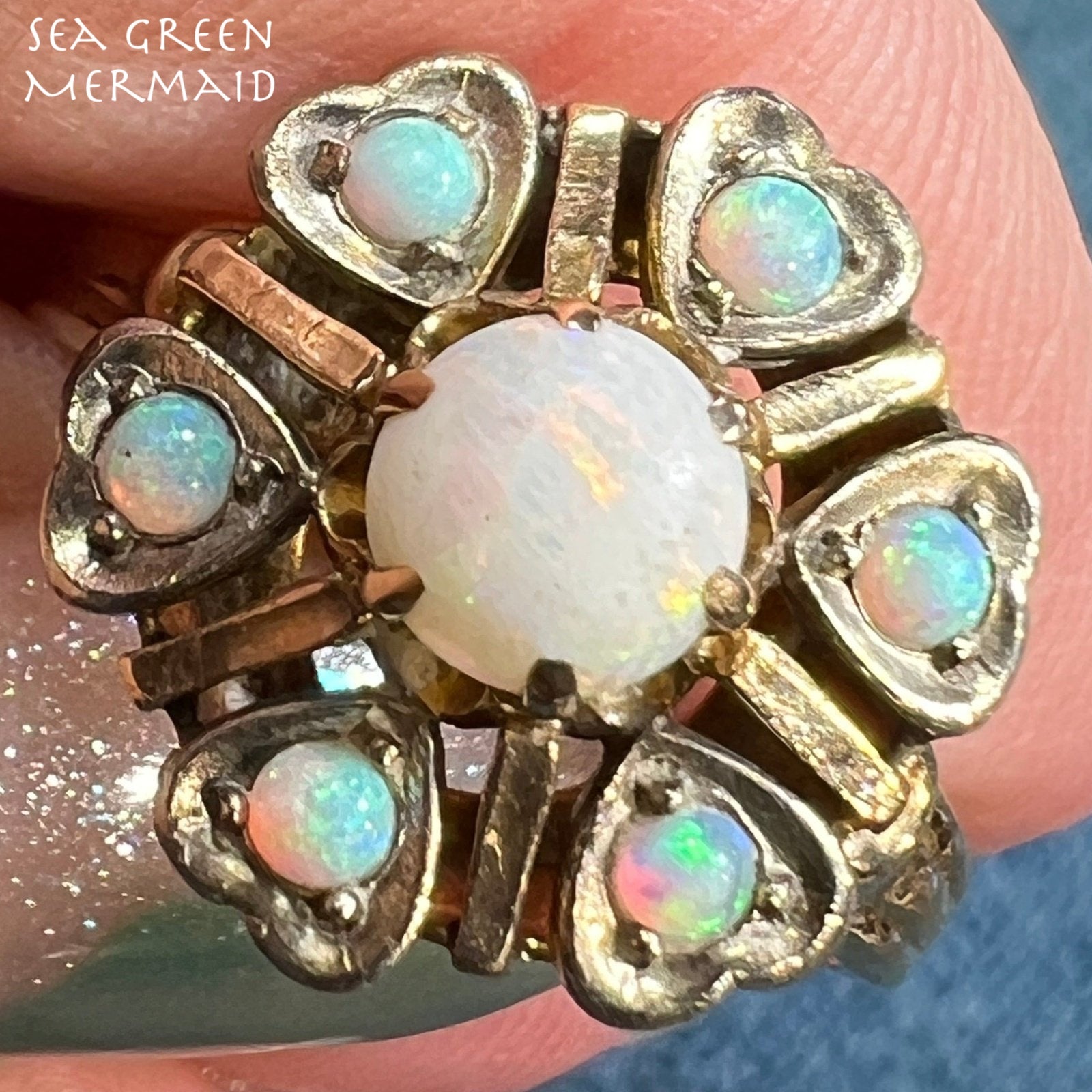 10k Gold Australian Opal Princess Ring w Heart Halo *Video*