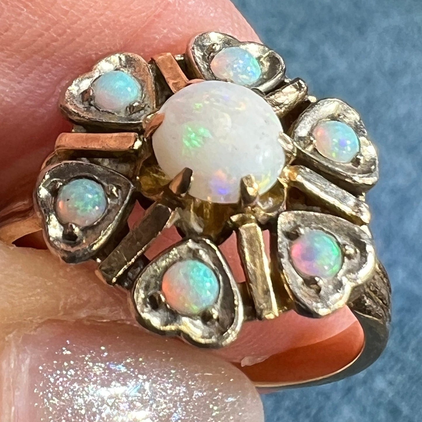 10k Gold Australian Opal Princess Ring w Heart Halo *Video*