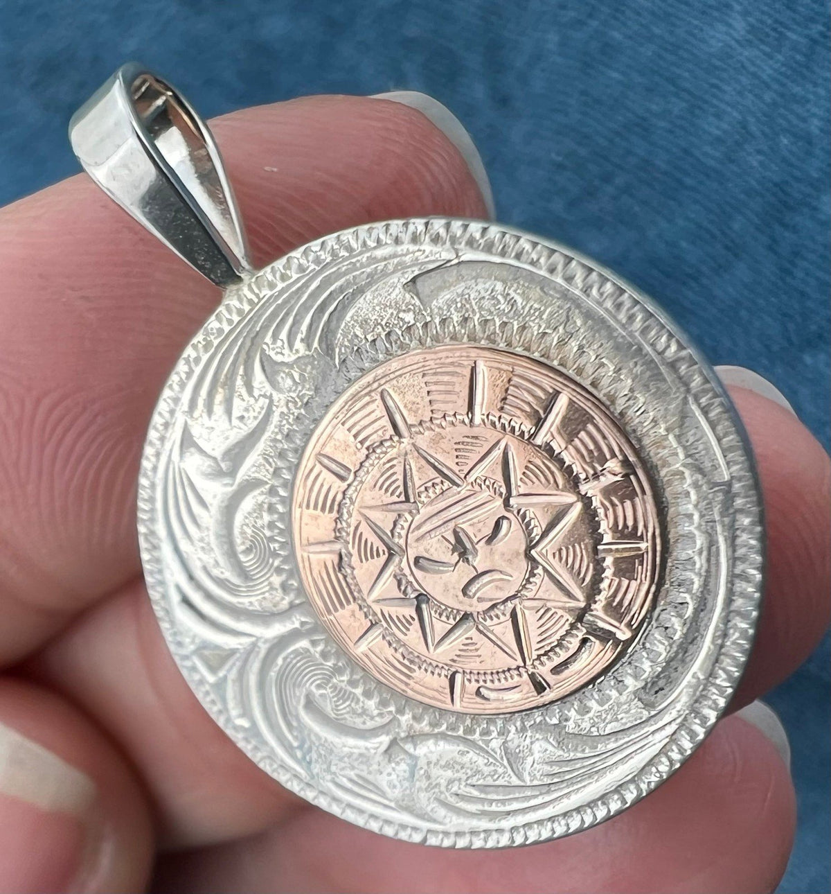 10k Gold Aztec Sunburst on Silver Disk Pendant. Mexico 1.2" + 6.5g L