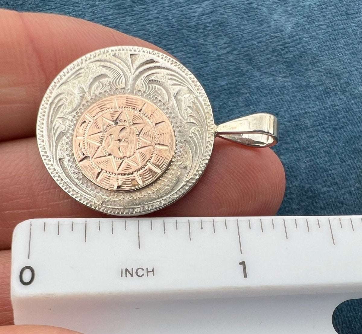 10k Gold Aztec Sunburst on Silver Disk Pendant. Mexico 1.2" + 6.5g L