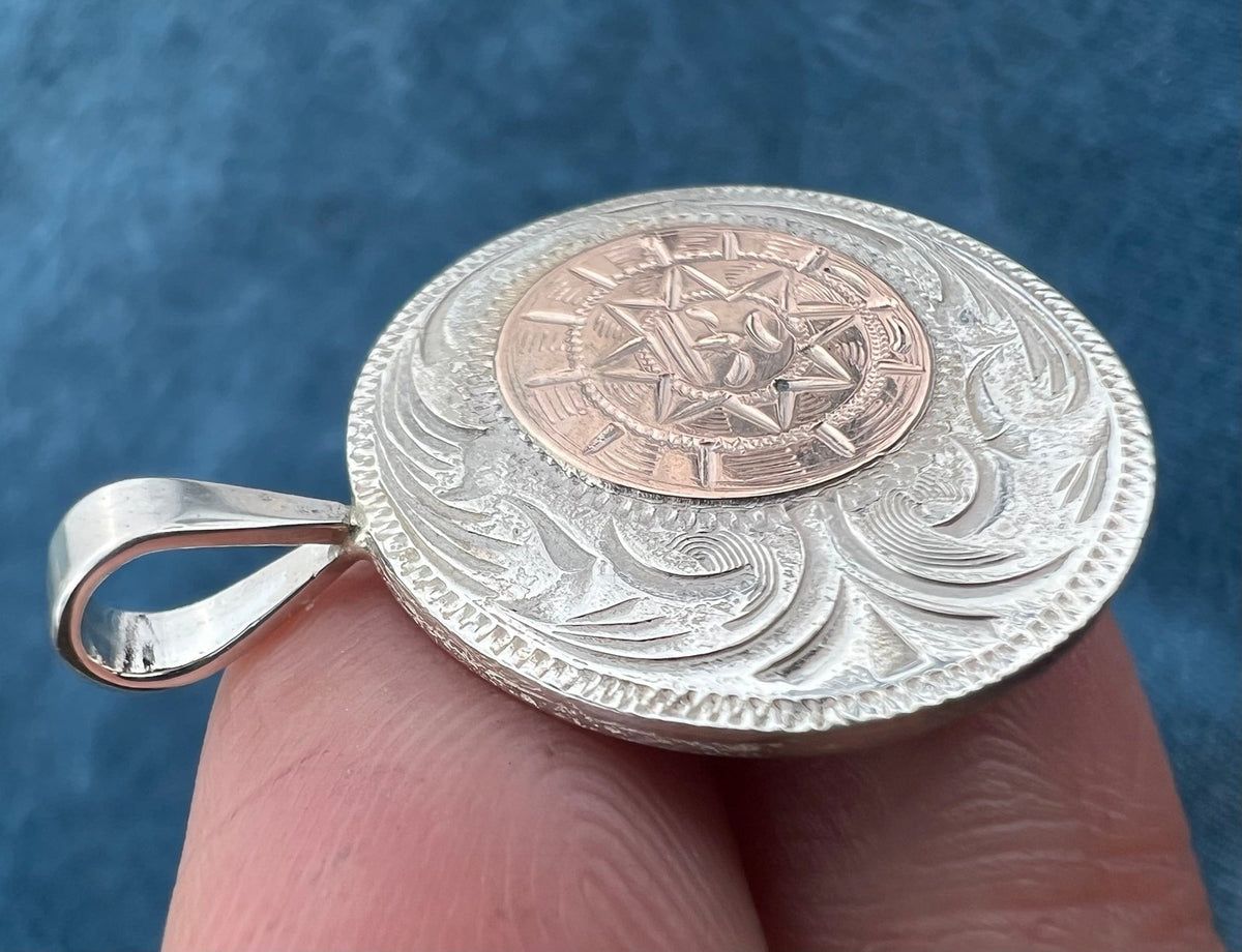 10k Gold Aztec Sunburst on Silver Disk Pendant. Mexico 1.2" + 6.5g L