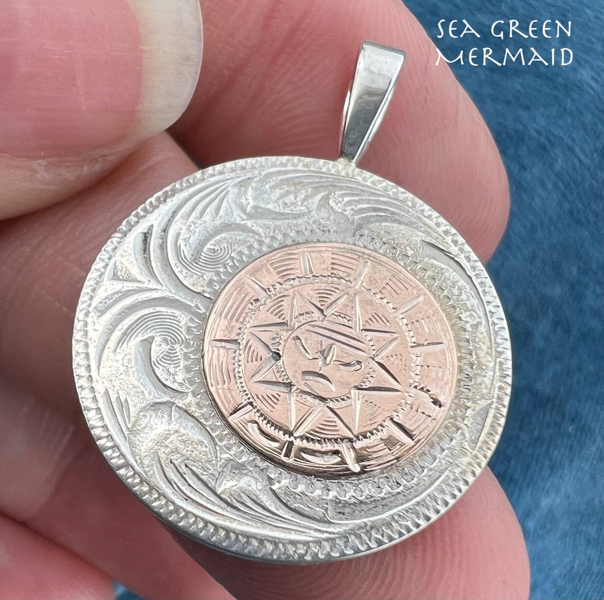 10k Gold Aztec Sunburst on Silver Disk Pendant. Mexico 1.2" + 6.5g L