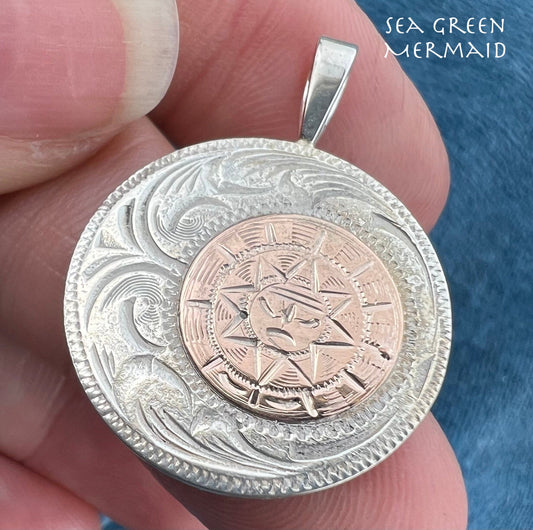 10k Gold Aztec Sunburst on Silver Disk Pendant. Mexico 1.2" + 6.5g L