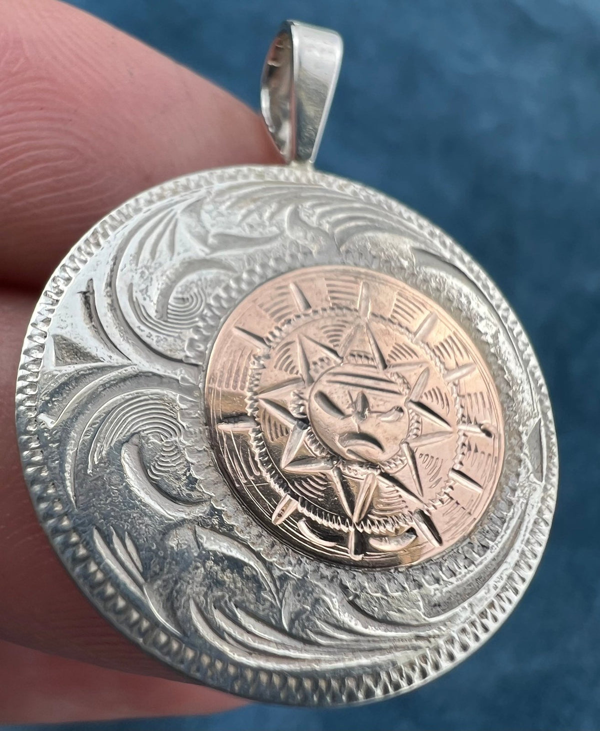 10k Gold Aztec Sunburst on Silver Disk Pendant. Mexico 1.2" + 6.5g L