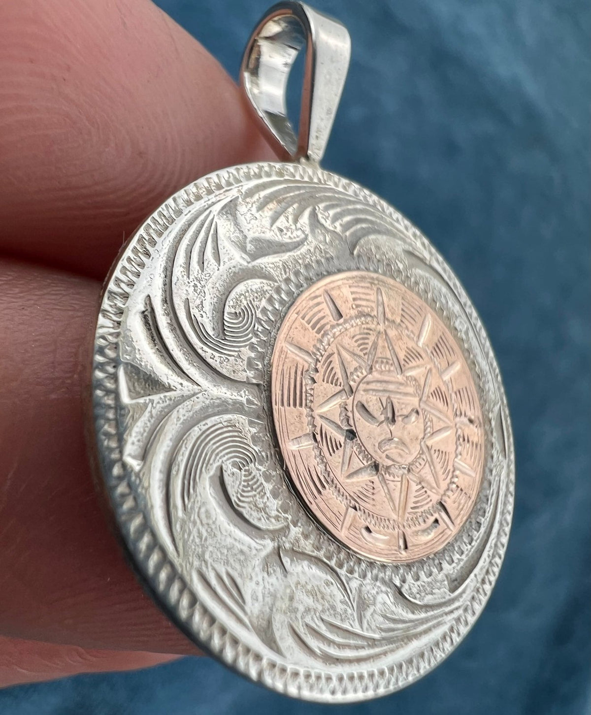 10k Gold Aztec Sunburst on Silver Disk Pendant. Mexico 1.2" + 6.5g L