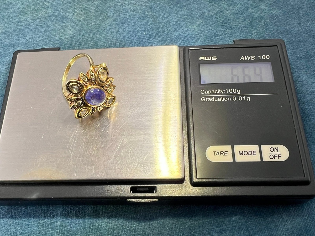 10k Gold Cabochon Tanzanite Ring w Hand-Cut Diamonds. 1" + 6.6g *Video*