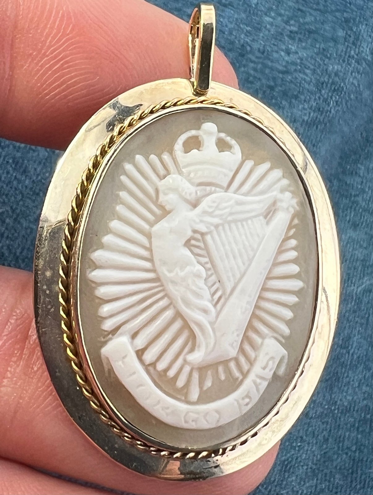 10k Gold Cameo Hibernia Winged Harp Woman of Ireland Pendant. "Faithful Until Death"