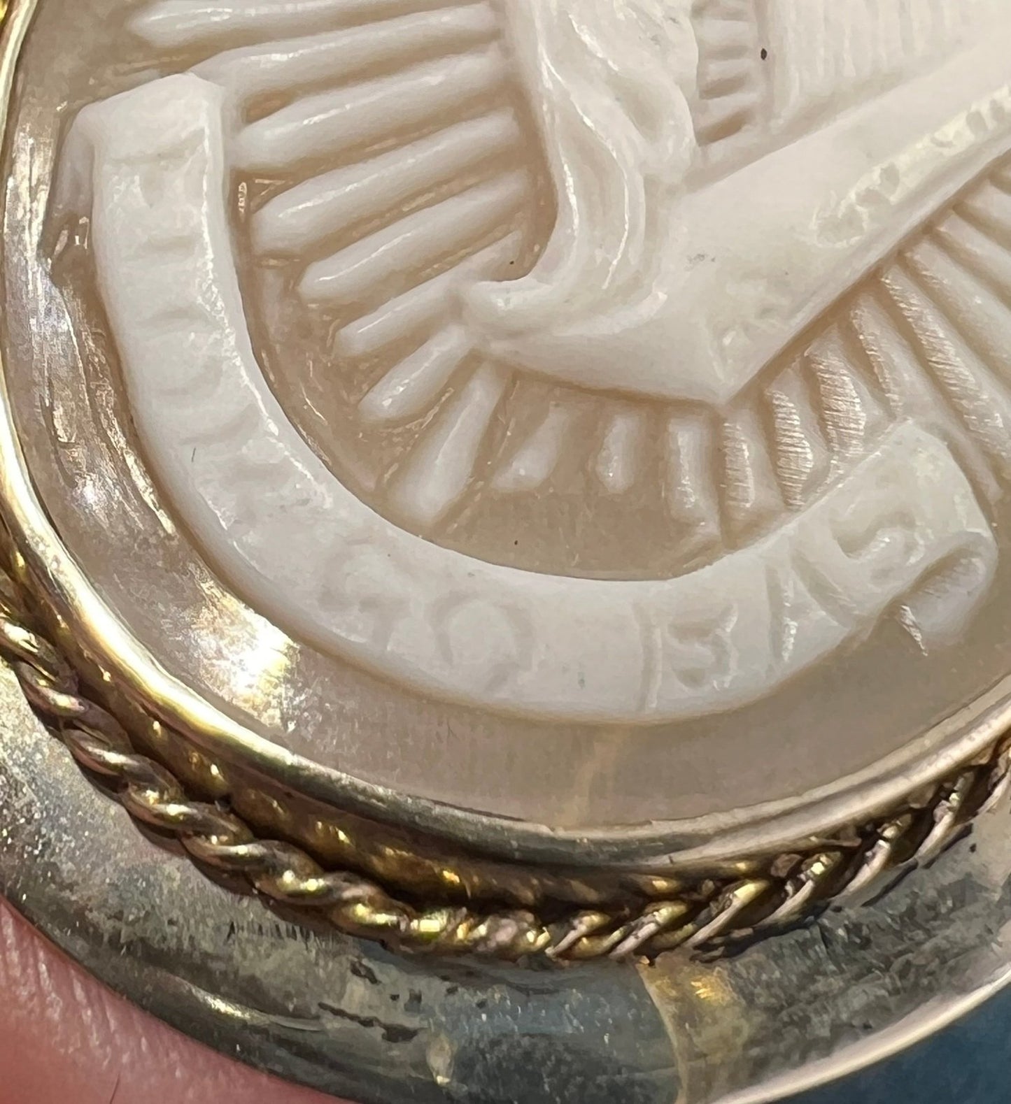 10k Gold Cameo Hibernia Winged Harp Woman of Ireland Pendant. "Faithful Until Death"