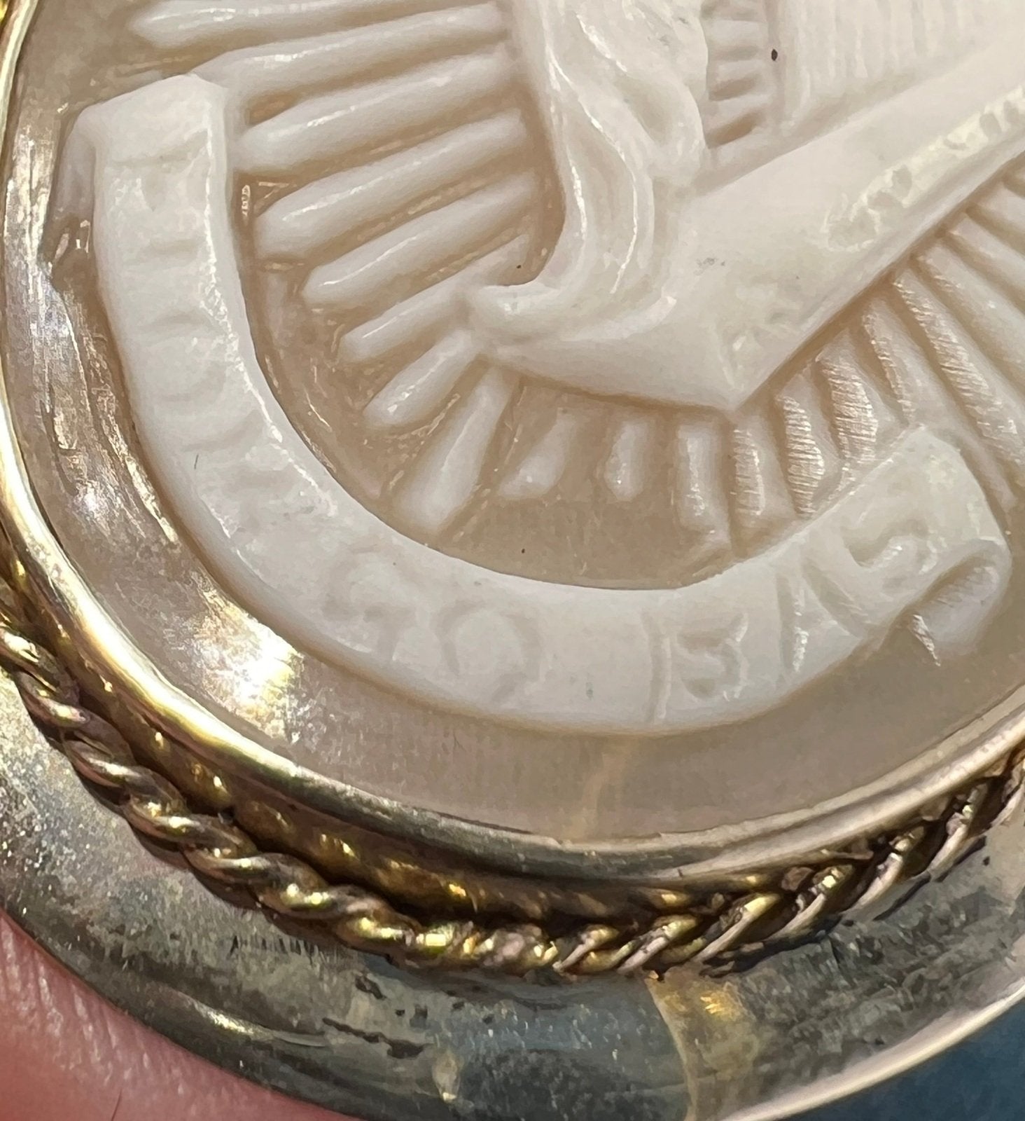 10k Gold Cameo Hibernia Winged Harp Woman of Ireland Pendant. "Faithful Until Death"