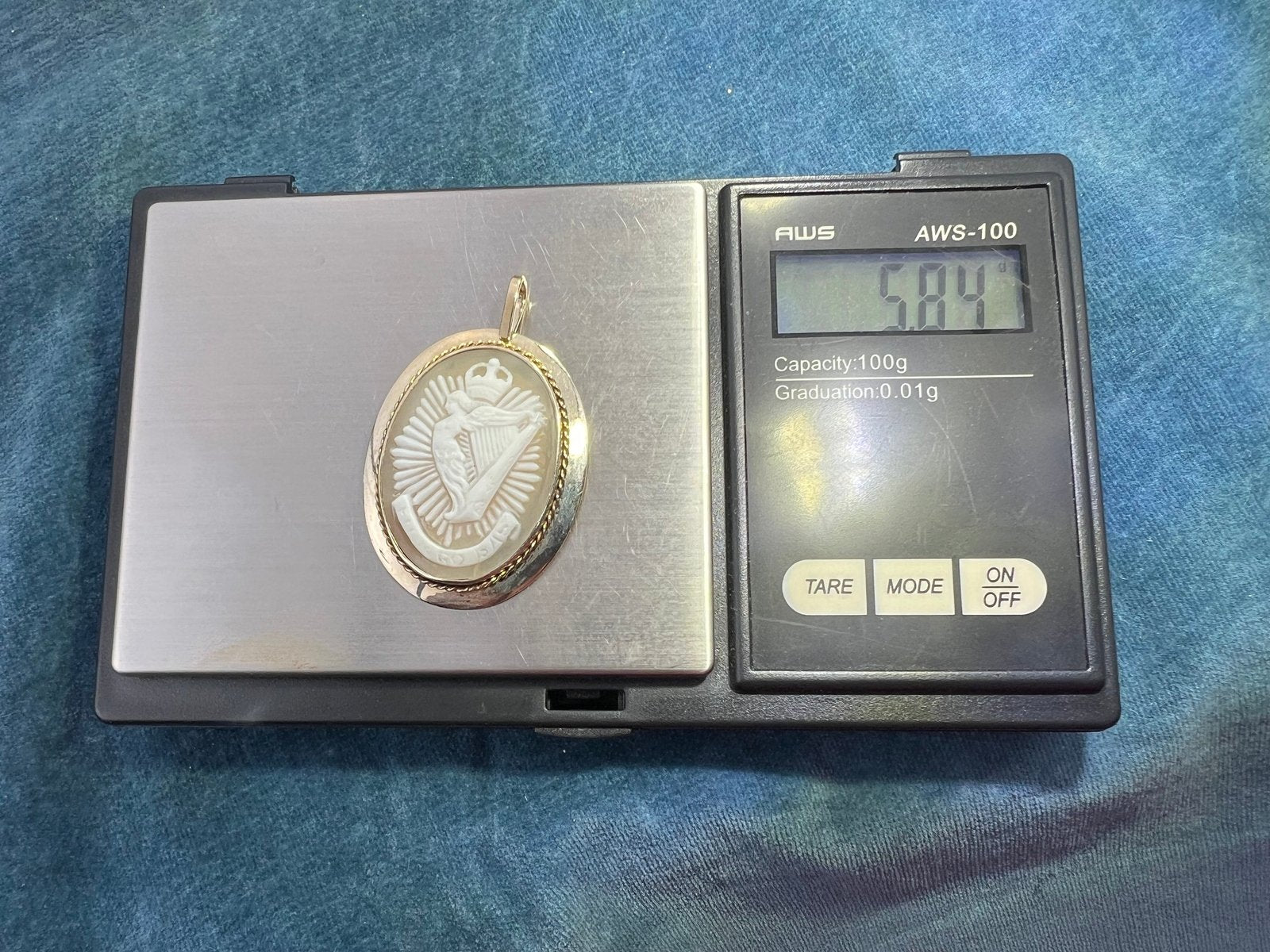 10k Gold Cameo Hibernia Winged Harp Woman of Ireland Pendant. "Faithful Until Death"