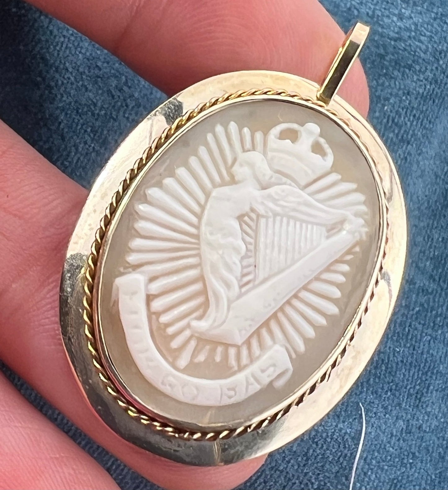 10k Gold Cameo Hibernia Winged Harp Woman of Ireland Pendant. "Faithful Until Death"