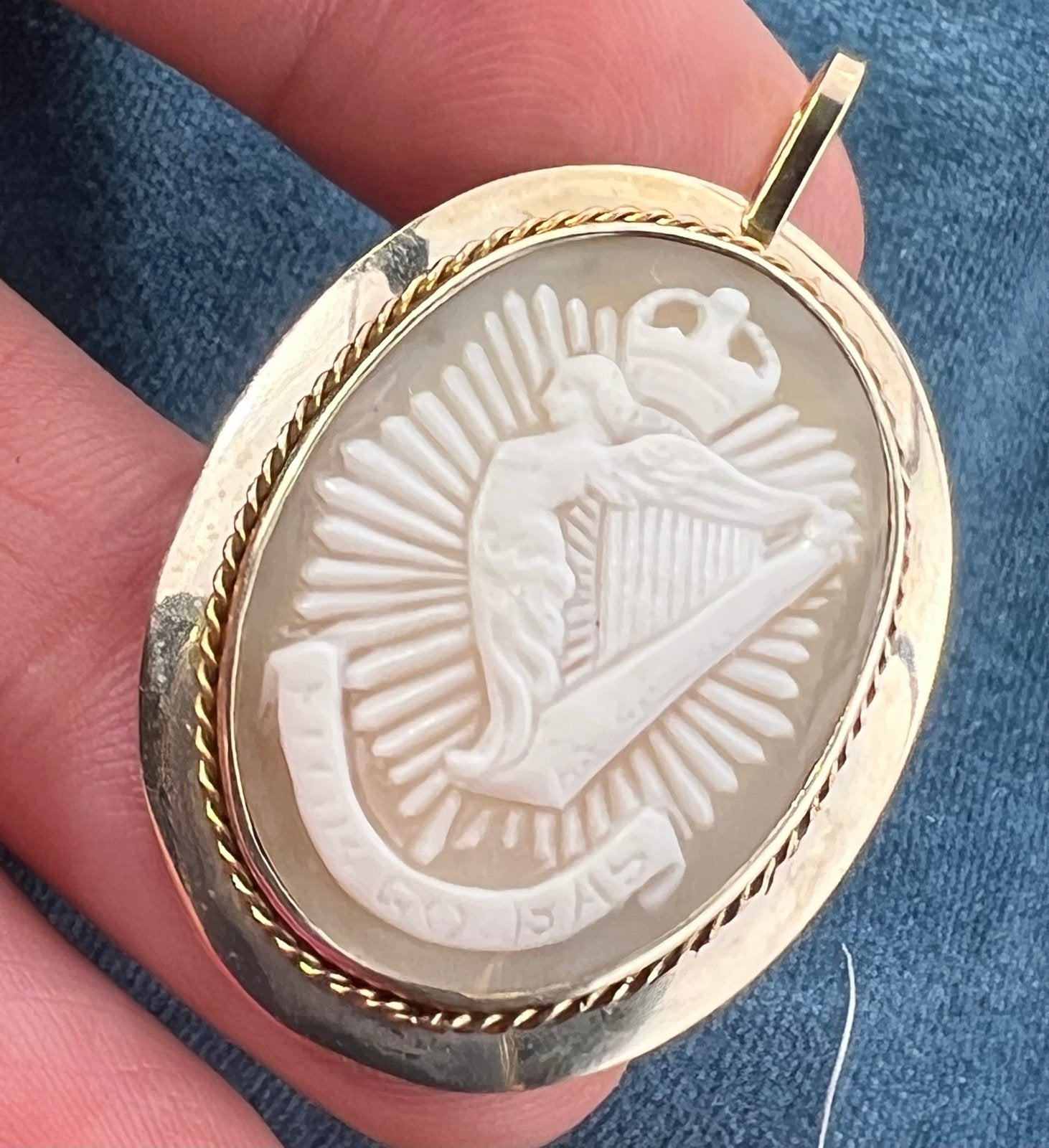 10k Gold Cameo Hibernia Winged Harp Woman of Ireland Pendant. "Faithful Until Death"