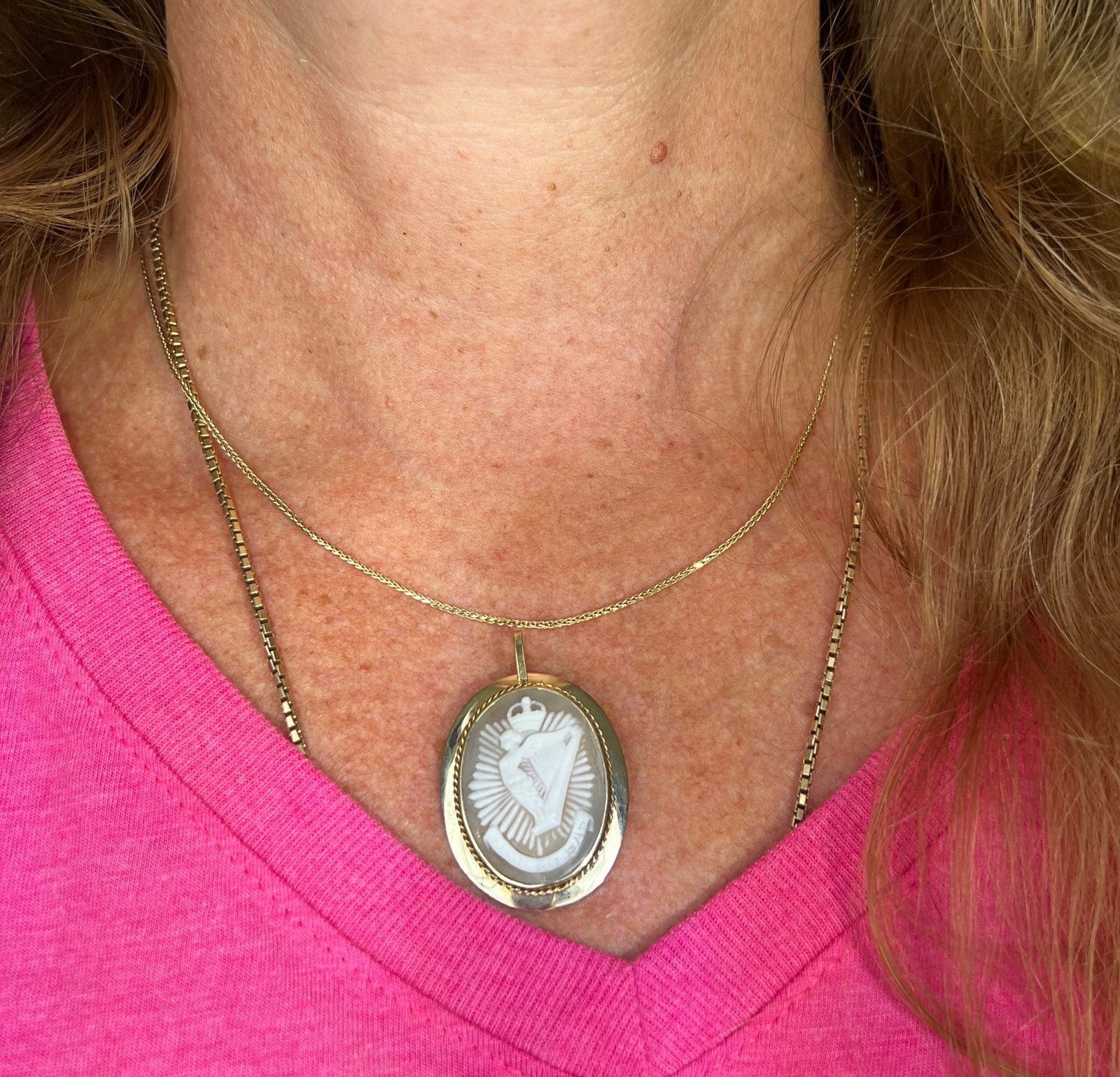 10k Gold Cameo Hibernia Winged Harp Woman of Ireland Pendant. "Faithful Until Death"